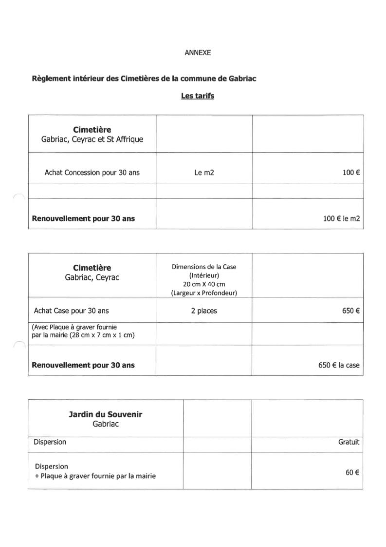 Tarifs des cimetières